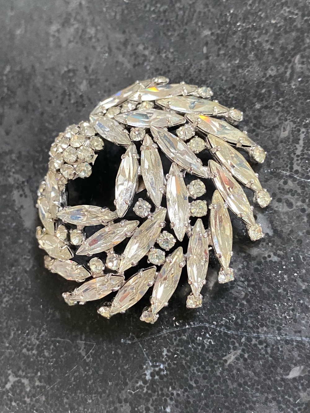 Rare Signed SHERMAN Clear Rhinestone “Hidden Heart” Wreath Brooch: Vintage 1950s